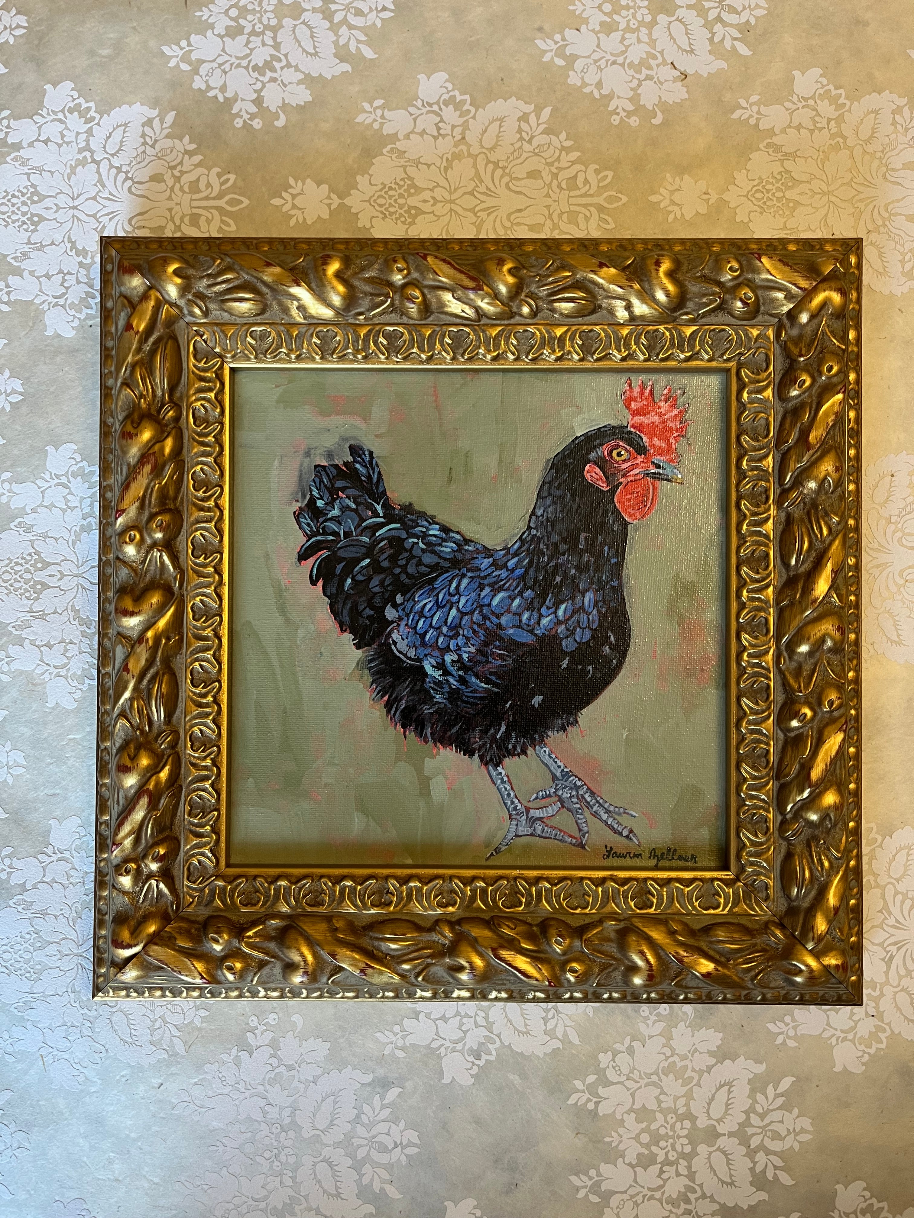 Original Framed Blue Hen Painted in Gouache