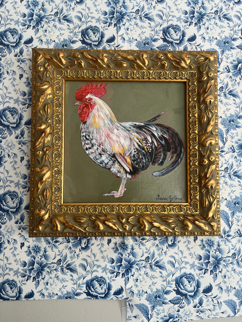 Original Framed Rooster painted in Gouache