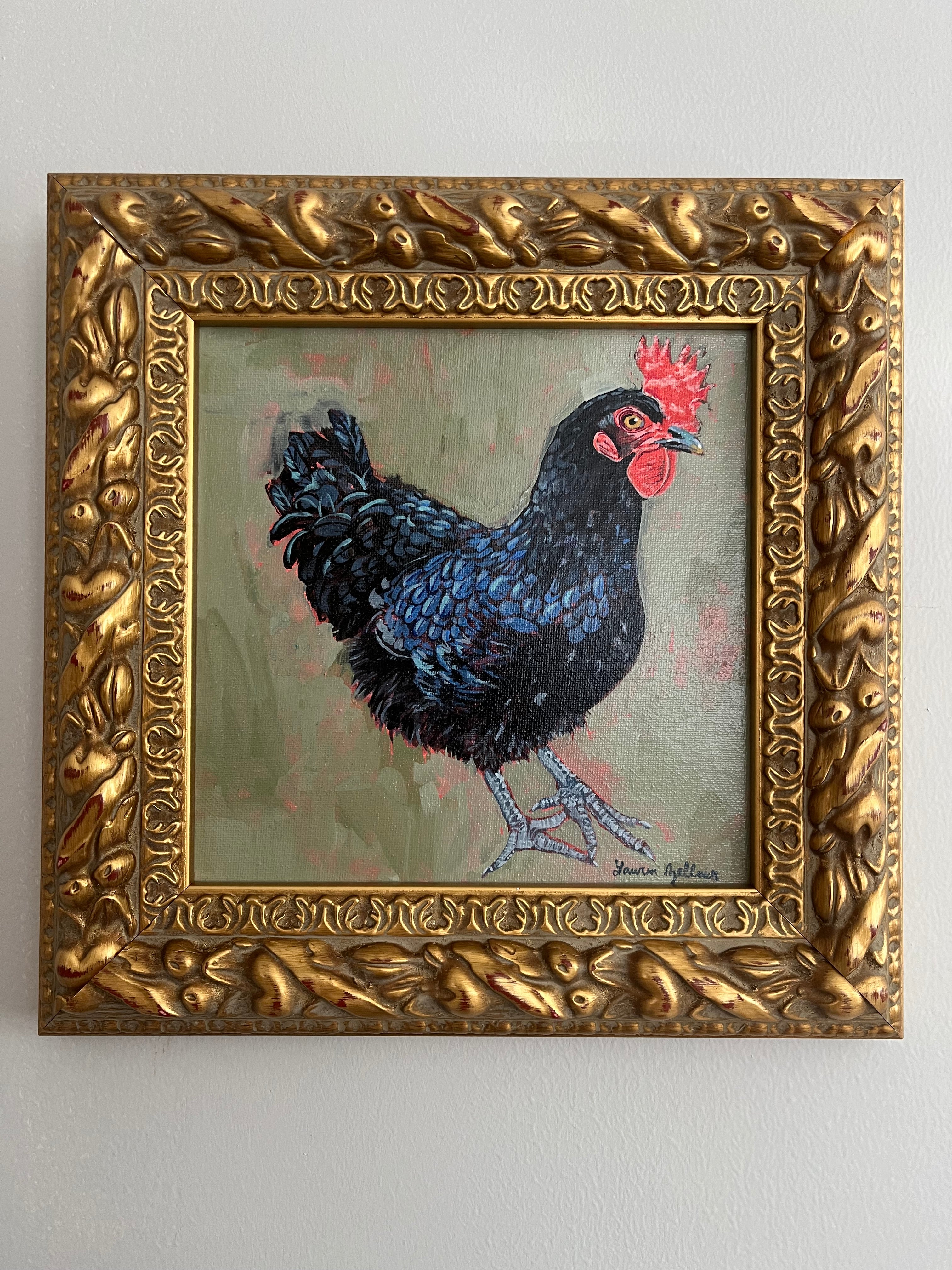 Original Framed Blue Hen Painted in Gouache