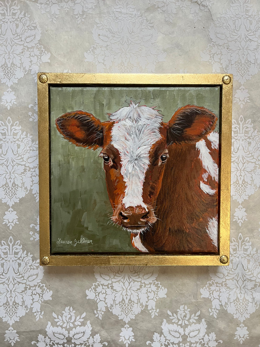 Original Framed Painting of Brown Cow in Acrylic